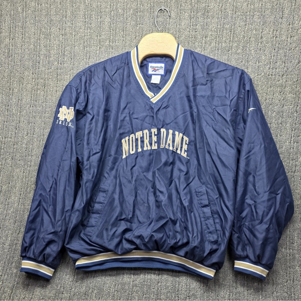 Reebok Notre Dame Windbreaker Pullover Mens 2XL Navy Embroidered V-Neck Football